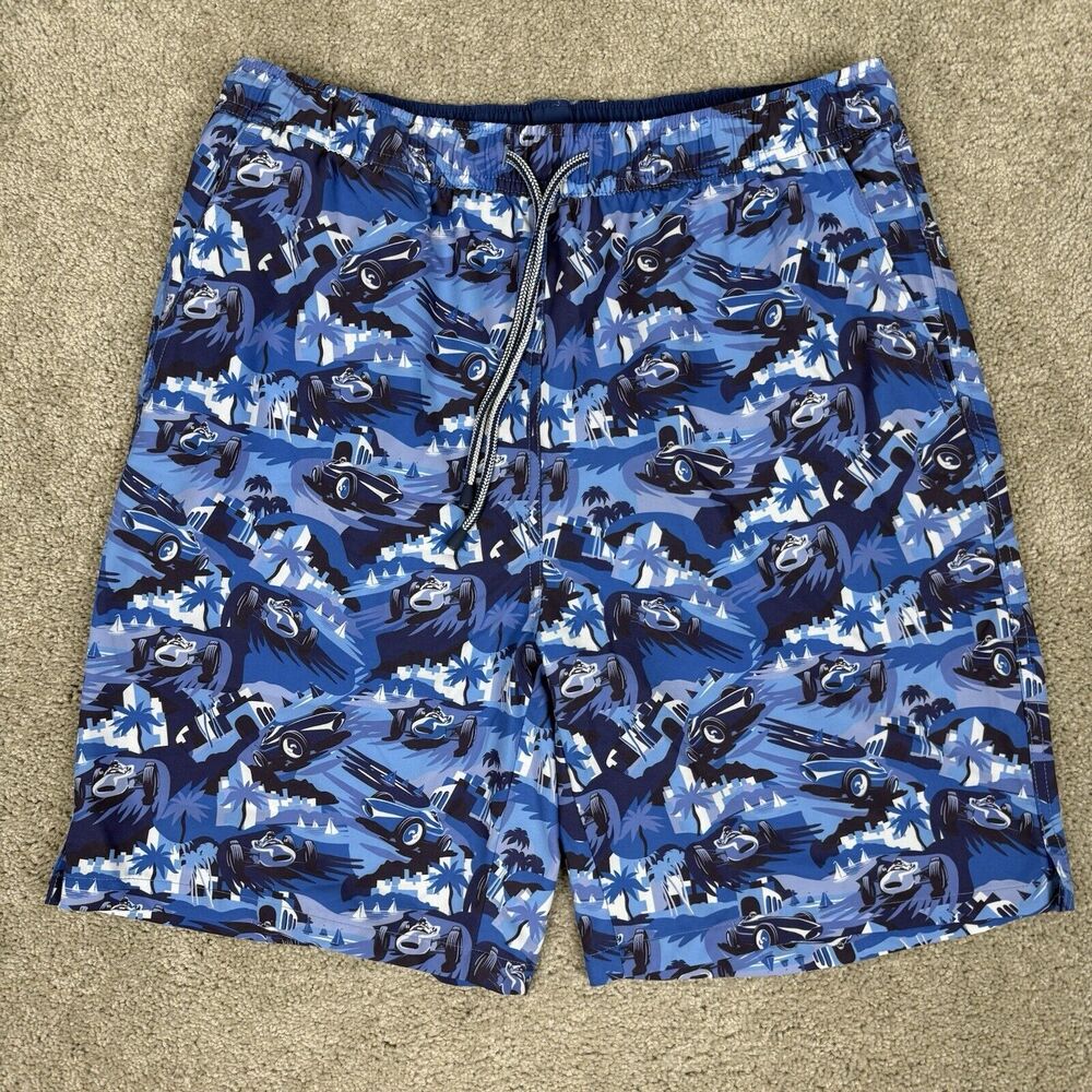 Petter Millar Seaside Men's Swim Trunks Size M Blue Lined Racecar City Print